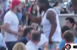 BLACK BULLY HARASSES A WHITE MAN'S WIFE AND GETS KNOCKED OUT❗